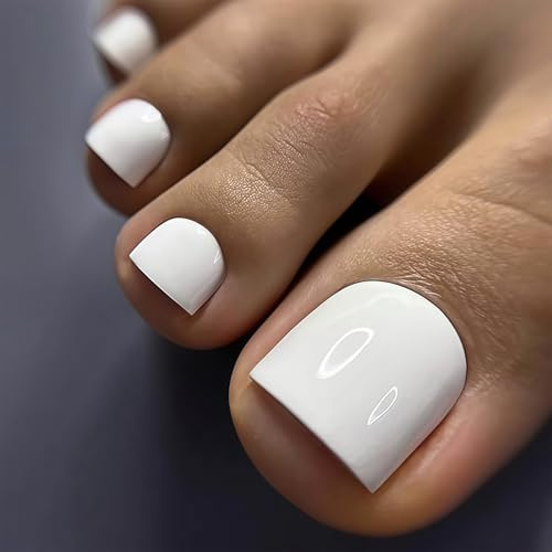 Radiella 24 Stück weiße Press On Toenails, kurz quadratisch Künstliche Fußnägel zum Aufkleben, glänzend Fussnägel Kleben selbstklebend, Fußnägel Press On für Sommer Urlaub Strand