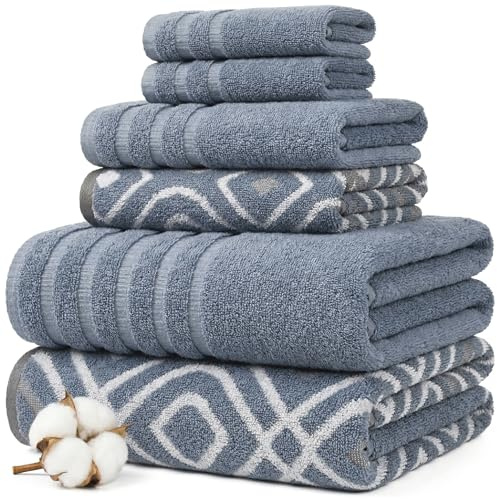 Amrapur 6-Piece Yarn Dyed Oxford Stripe Jacquard/Solid Ultra Soft 550GSM 100% Combed Cotton Towel Set 6 Asciugamani Tinti in Filo Blu, Cotone, Singolo, 40.6 x 25.4 x 12.7 cm, 6 unità