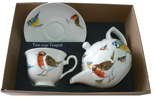 Garden Birds Teapot cup and saucer gift set - Porcelain teapot, with fine china cup & saucer in gift boxed package