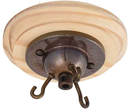 ElekTek Deckenrosette mit 3 Haken mit passenden Schrauben, Zugentlastung und Deckensockelscheibe aus Kiefer - Für Deckenhängeleuchten, Hängeleuchten und Deckenbaldachine und Kronleuchter Messing Antik