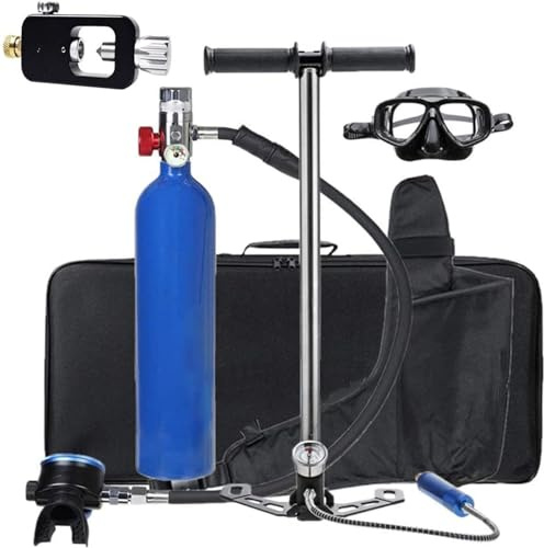 Mini Sauerstoffflasche Tauchausrüstung, Scuba Sauerstoffflasche Tauchen, Diving Tank Ausrüstung, 1L Mini Tauchflasche 15-20 Minuten Frei Atmender Tragbarer, Mit Pumpe, nachfüllbarem Design,Blau