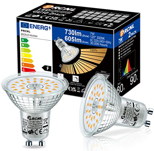 PRCNL GU10 LED Bulbs Dimmable Warm White 3000K 7W, Dimmer Stepless Dimming and Light Switch 3-Step Dimming 2 in 1, 730lm 80W Halogen Spotlight Bulb Equivalent, AC 230V Lighting, Pack of 2