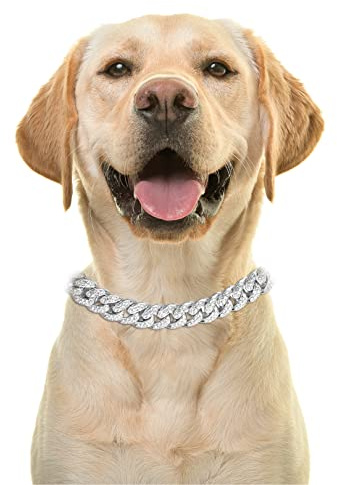 Halukakah Goldkette Iced Out für Hund,Diamant Kubanische Halskette Kragen 14MM Platin Weißgold Überzogen 55cm Größe XL mit KOSTENLOSER Geschenkbox,Nur Dekoration