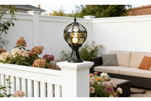 Chao Zan Vintage Außen Wegeleuchte Stehleuchte aus Aluguss und Glas, Farbe Schwarz, Fassung E27,Wetterfest IP55 Wegelampe Aussenlampe für Balkon Rasen Terrassen und Gartenbeleuchtung