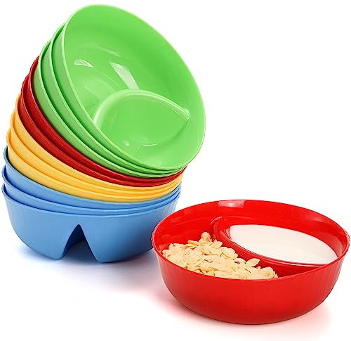 Okllen Set of 12 Anti-soggy Cereal Bowls, Plastic Divided Bowl for Chip and Dip, Separated Snack Bowl Sauce Dipping Dish for Ice Cream, Yogurt and Berries, 4 Colors