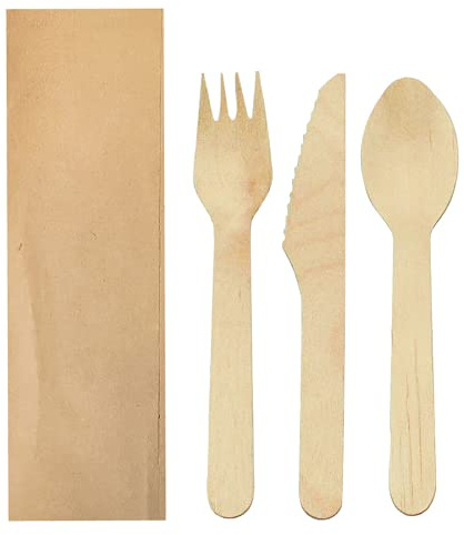 García de Pou 100 unidades - Set Tenedor, Cuchillo, Cuchara Enfundados Kraft 'Makan' 16 Cm Natural Madera