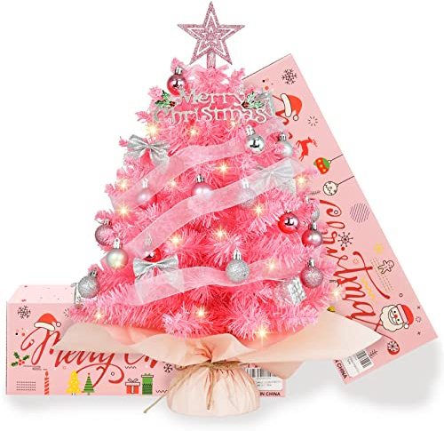 20 Mini Pink Christmas Tree, Artificial Small Christmas Tree with Lights, Tabletop Christmas Tree with Star Treetop,Bow Boxes and Ball Ornaments for DIY Christmas Decoration (Pink)