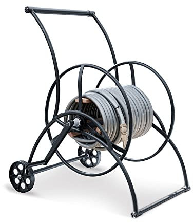 Loberon Schlauchwagen Middleby, leichtgängige Schlauchrolle & Räder, Elegante Optik, wetterfest, Gartenzubehör, Gartenhelfer, Outdoor, Eisen, Teakholz, schwarz