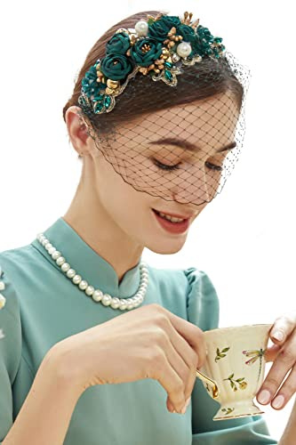 BABEYOND Fascinator im Stil der 1920er Jahre, Netzstoff, Blume, Perlen, Schleier, Stirnband, Brautschmuck, Hochzeit, Teeparty, Schleier, für Damen