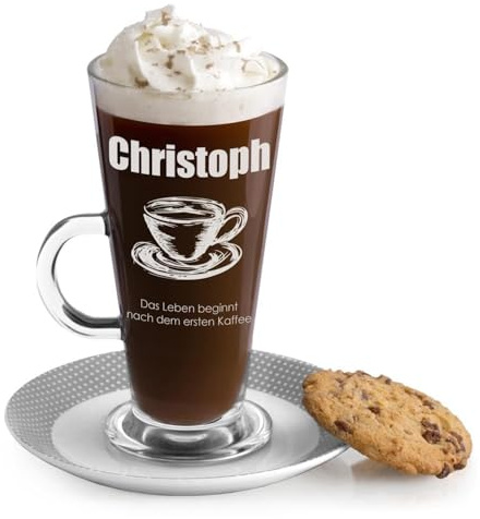 Maverton Kaffee Glas mit Gravur 360 ml - Latte Macchiato Tasse mit Griff - Cappuccino Glas - Kaffee Zubehör - Kaffeetasse für Männer zum Geburtstag - personalisiert - Name