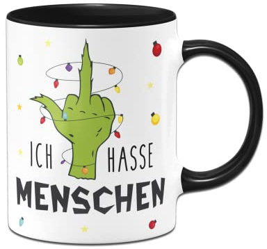 Tassenbrennerei Grinch Tasse mit Spruch: Ich hasse Menschen - Motiv Hand mit Lichterkette - Weihnachtstasse, Kaffeetasse lustig (Schwarz)