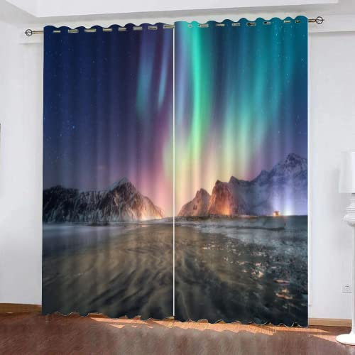 TEMLAN Schöne Sternenhimmel Aurora Kinder Gardinen Winterlandschaft Aurora Vorhänge Blickdicht Mit Ösen, Digitaldruck 3D Thermogardine Für Schlafzimmer Wohnzimmer (265 x 215 cm)