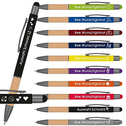 Kugelschreiber mit Gravur mit Bambusgriffzone | blau schreibend | Touchfunktion | Wunschgravur mit Emojis möglich | Werbekugelschreiber personalisiert (Schwarz, 100 Stück)