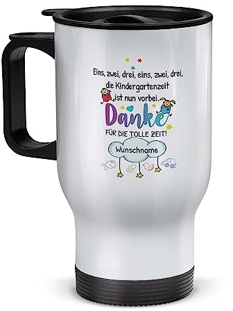 Tassendruck Edelstahl-Thermobecher selbst gestalten mit Name - Eins, Zwei, Drei - Danke für die tolle Zeit - Geschenke für Erzieher, Coffee to Go Becher | Personalisiertes Geschenk, Weiß, 390 ml