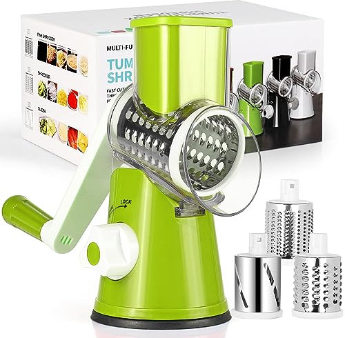 Diealles Shine Käsereibe mit Kurbel, Reibe für Gemüse mit 3 Edelstahl Austauschbaren Trommelklingen, Manuelle Trommelreibe, Gemüseschneider, Ideal für Gurken, Käse und Nüsse, Karotten usw(Grün)