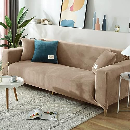 OKJK Samt Stretch sofabezug,Einfarbiger weicher und bequemer plüsch Stoff,Sofaschoner rutschfest für das Wohnzimmer,All-Inclusive, staubdicht und Maschinen waschbar (Camel,3-Seater 190-230cm)