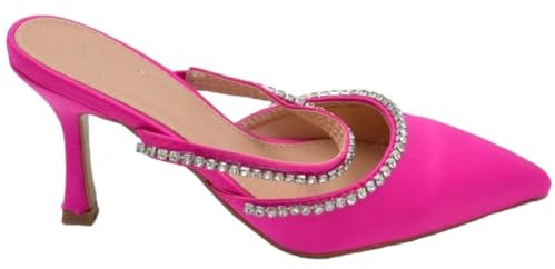 Malu Shoes Decollete Mules Slingback in Raso Fucsia con Fascia di Brillantini sul Dorso Tacco a Spillo Comodo 6 cm Moda (38 EU)