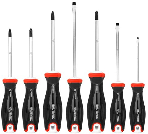 HAUTMEC Lot de 7 tournevis professionnels avec tige S2 forgée, embouts magnétiques et poignée rembourrée trimatérielle, comprend 3 têtes plates polyvalentes, 2 Phillips, 2 Pozidrov, HT0330