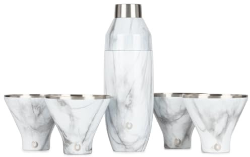 Snowfox Premium Vacuum Insulated Stainless Steel 22oz Cocktail Shaker and 4 Martini Glass Set-Home Bar Accessories-Elegant Drink Mixer-Leak-Proof Lid with Jigger & Built-in Strainer-Marble