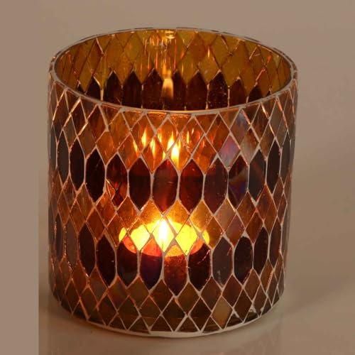 Marokkanisches Mosaik-Windlicht Rayan M GELB Ø 10cm rund handgefertigt aus Glas | Stimmungslicht Teelichthalter bunt marokkanische Tisch-Deko aus 1001 Nacht | WZ130-M