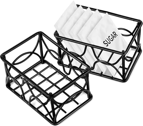 DLUGOPIS 2 Pieces Black Metal Sugar Packet Holder Tea Bag Organizer Sugar Caddy Holder Small Sugar Container Coffee Creamer Holder Tea Bag Caddy Holder for Coffee Bar Kitchen Home
