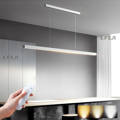 LFLA 150cm Dimmbar LED Pendelleuchte Weiß Kücheninsel Moderne Lineare Esstisch Hängeleuchte mit Fernbedienung Pooltisch-Inselleuchte höhenverstellbar Holzleuchte Kronleuchter für Esszimmer Bürolampe