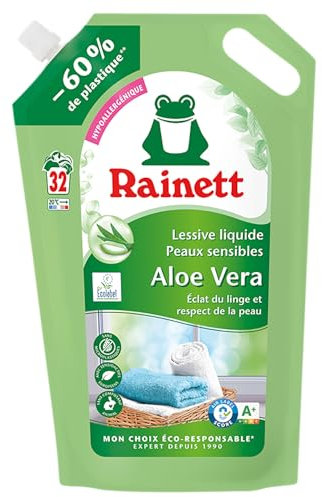 RAINETT - Lessive Liquide Peaux Sensibles - Formule Hypoallergénique - Tensioactifs d'Origine Végétale - Efficace Dès 20° - Ecolabel - Aloe Vera - 32 Lavages - Éco-Recharge 1,6 L