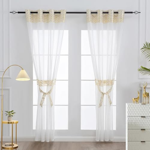 L.Z.E Gardinen Wohnzimmer in Gold Weiß mit Ösen 215 cm Lang Vorhang Transparent 2er Set Vorhänge Modern Gardine Schals Ösenschals mit Muster für Schlafzimmer Fenster 140 x 215 cm Lang