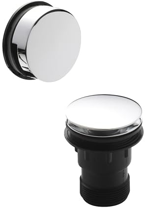 Balterley Bath Push Button Waste and Overflow Set, Round Click Clack Waste with Overflow, Push Button Bath Plug Replacement, Bathtub Plug Replacement, Click Clack Plugs - 70 x 100 x 70 mm (Chrome)
