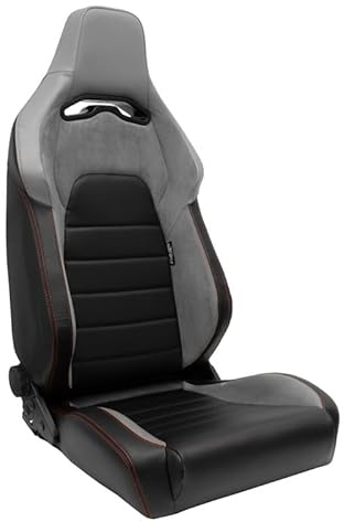 Sedile Sportivo 'VGR' - Finta pelle Nero + Textil/Camoscio Grigio Chiaro + Cucitura Rossa - reclinabile doppia regolazione - incl. Slitte