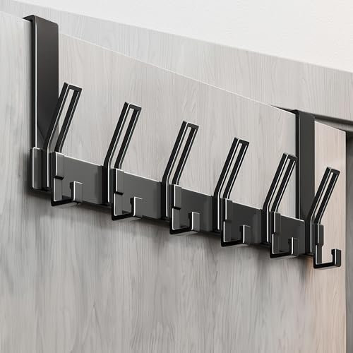 MIVITOOM Over Door Hooks, 18CM Sturdy Aluminum Over Door Hanger with 6 Hooks, Black Door Hooks for Coats, Hats, Bags, Clothes, Towels