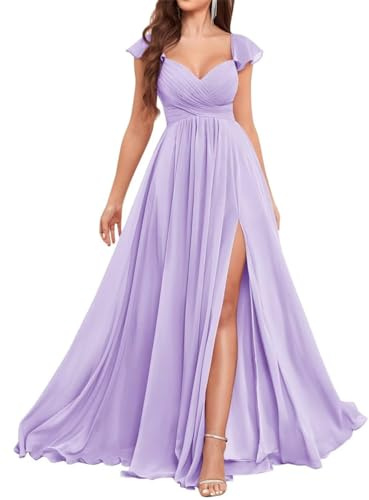 WSEYU Abiti da damigella d'onore in chiffon con volant per matrimonio scollo a V abiti da ballo manica ad aletta abito da sera formale con fessura, Lilla, 48