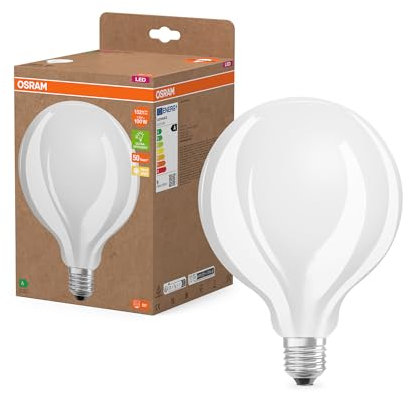 Osram LED-Lampe in klassischer Globeform, mit dekorativem LED-Filament im Frosted Design, Energieeffizienzklasse A, E27, 11.6 W, 2452 lm, 4000 K, kaltweiß. Ohne Aufwärmen, sofort 100% Licht.