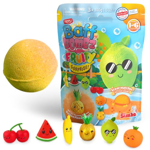 Zimpli Badebombe groß fruchtige Überraschung für Kinder, 6 Überraschungsobst Spielzeug zum Sammeln, eins für Badebombe, Sammlerstückspielzeug, Badebomben Geschenk