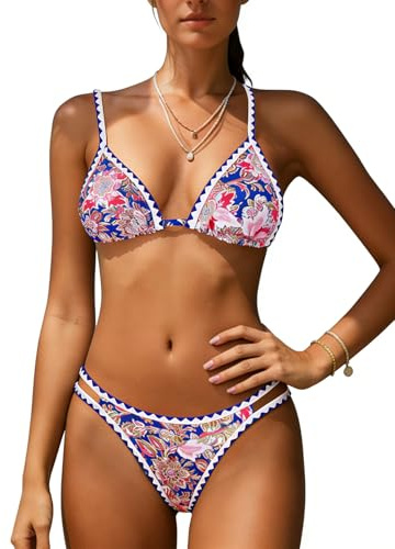 SHEKINI Women's Sexy Bikini Sets Bohemia Stitching Ditsy Floral Pattern Two Piece Swimsuit with Cheeky High Cut Bottom Swimwear Bathing Suits, S