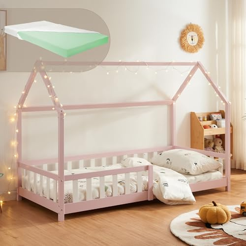 [en.casa] Kinderbett Hesel Hausbett mit Matratze 90 x 200 cm Rosa mit Rausfallschutz und Lattenrost Montessori Bodenbett Jugendbett Holzbett