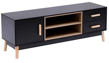 MMT Black TV Stand Cabinet,Scandi Style,Boho Style 130cm, Lowboard TV Unit for Living Room Furniture, Storage Cupboards, Drawers,for Up to 65 TV