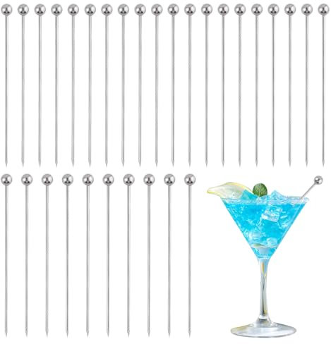 SYEYCW 30 Piezas Palillos de Cóctel de Acero Inoxidable, Palillos de Cóctel Reutilizables de Metal, para Fiestas de Vacaciones, Bar, Cócteles, Aperitivos de Barbacoa, Decoraciones de Frutas y Frutas