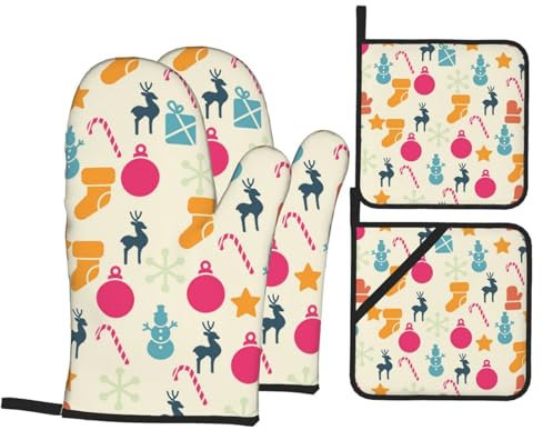 Ofenhandschuhe und Topflappen-Set, Retro-Weihnachtsstrumpf, hitzebeständig, Küchen-Backhandschuhe, rutschfeste Oberfläche zum Kochen, Backen, Grillen, Grillen