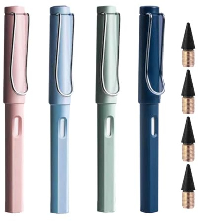 POHOVE Metall Tintenlose Bleistifte, 4 Stück Tintenloser Bleistift mit Radiergummi, mit 4 Stück Wechselkopfm, Bleistifte Set für Erwachsene Studenten Künstler(COLOR:berry, kiwi, navy, red)