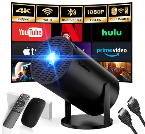 [App integrata] Mini Proiettore 2025 Upgraded Proiettore Portatile Dual Control con Mouse Android TV Auto Keystone WiFi 6 BT5.2 180° HDMI/TV Stick/USB/PS5/Laptop, con Cavo HDMI & Mouse, Nero