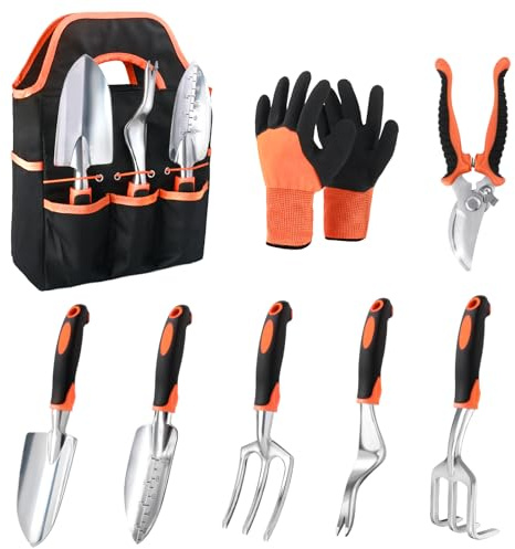 Garden Tools Set, 8 Piece Gardening Tools Set with Non Slip Ergonomic Handle, Heavy Duty Garden Tool Set with Storage Bag, Gardening Kit for Women, Garden Hand Tools Gift for Women and Men, Orange