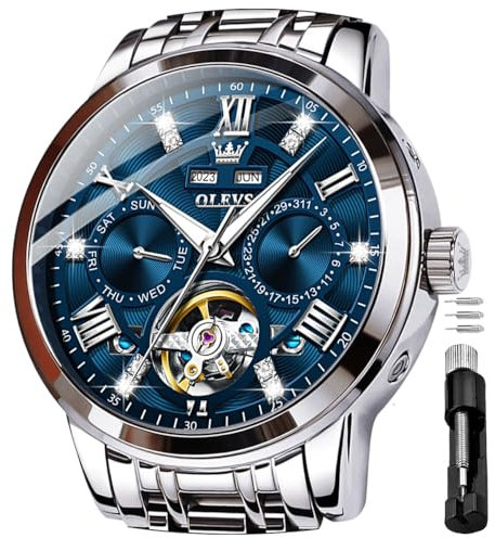 OLEVS Herren Automatikuhr Diamanten Tourbillon Skelett Luxus Edelstahl-Armbanduhr mit Kalender, 30M wasserdicht Leuchtzeigern Mechanische Selbstaufzugsuhr für Business/Abendmode im Geschenkbox