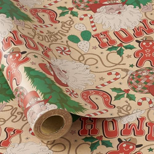 RUSPEPA Weihnachtsgeschenkpapierrolle, Western-Cowboy-Weihnachtsmann-Design mit „Howdy“, Hufeisen, Kaktus und Zuckerstangen, Kraft-Geschenkpapier für Weihnachten und Feiertage, 43,2cm x 5m