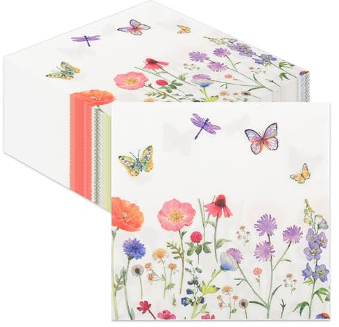 100 Stück Papierservietten mit Blumen, 33x33cm Servietten Frühling, Servietten Blumenwiese Schmetterlinge Frühlingsdekoration Serviette für Picknicks Partys Hochzeiten Kommunionen