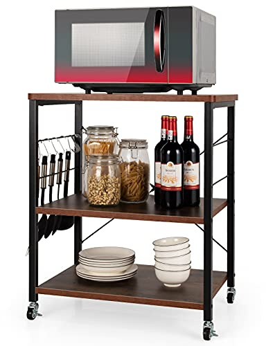 GOPLUS Carro de Cocina con Ruedas, 3 Niveles, Carro de Almacenamiento con estantes Ajustables y 10 Ganchos extraíbles, 60x40x78cm, Beige+Blanco (Industrial)