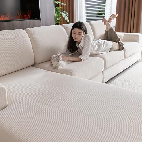 OHSIO Stretch Sofa Covers for Sectional Couch – Soft Washable Sofa Slipcovers 2 3 4 Seater, Pet-Friendly, Anti-Slip Furniture Protector(1 Piece Chair Cover, Ivory)