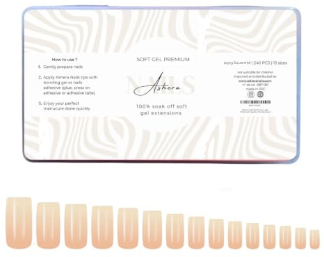 Ashera Nails Capsules Soft Gel Premium Carré Ivory Medium | 240 Capsules, 15 Tailles - Pose Américaine Semi-Transparente - Faux Ongles Nude Ivoire, Forme Square
