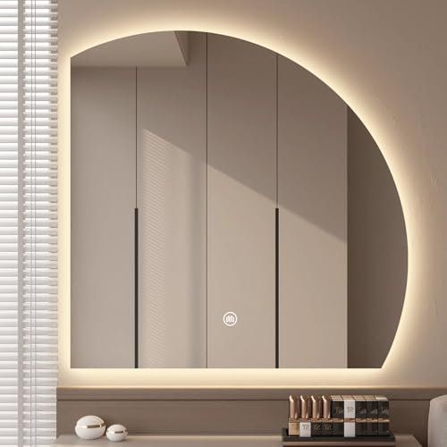 HDMOZUYT Espejo de baño Grande Tangaozu retroiluminado con Luces LED de 110 cm, 3 Colores, regulable, antivaho, Espejo de tocador de Media Luna de 90 cm sin Marco con interruptor táctil, decoración i