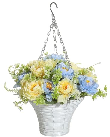 Artificial Hanging Flowers with Basket, Fake Hanging Plants, Fake Flower Chains, Hanging Basket for Patio, Country, Perfect for Placing on Patio, Deck, Garden, or Balcony, and Bring